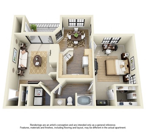 Floor plan for 1 bed, 1 bath, 838 sqft